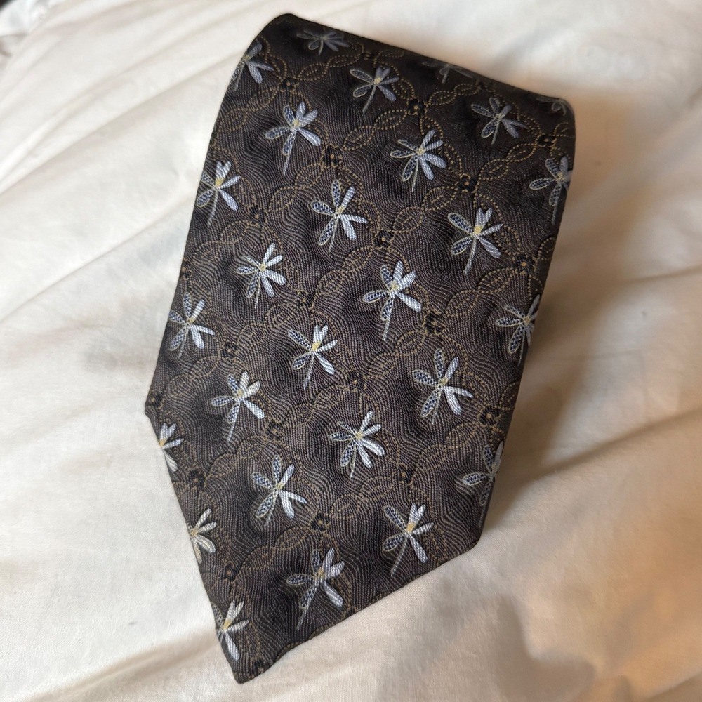 Robert Talbott Necktie Mens OS Brown Excellent Dragonfly Flower Silk Studio Tie